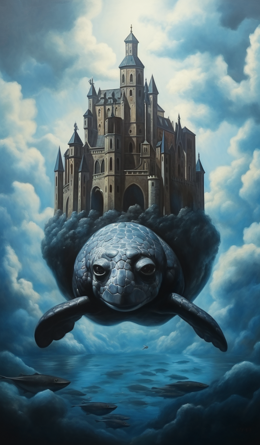 Dreamlike medieval fantasy turtle among black clouds