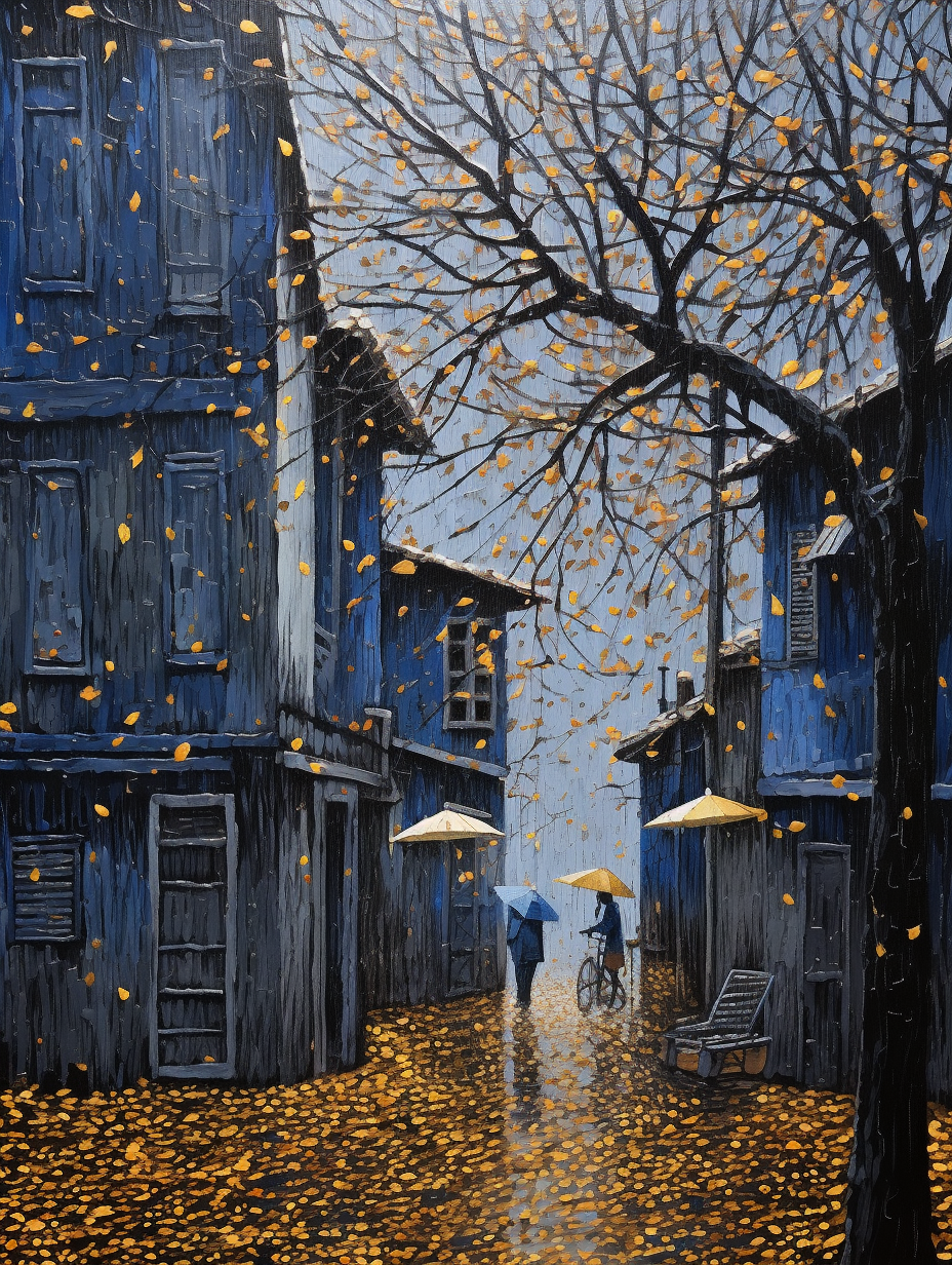 Romantic street scene with gold leaves