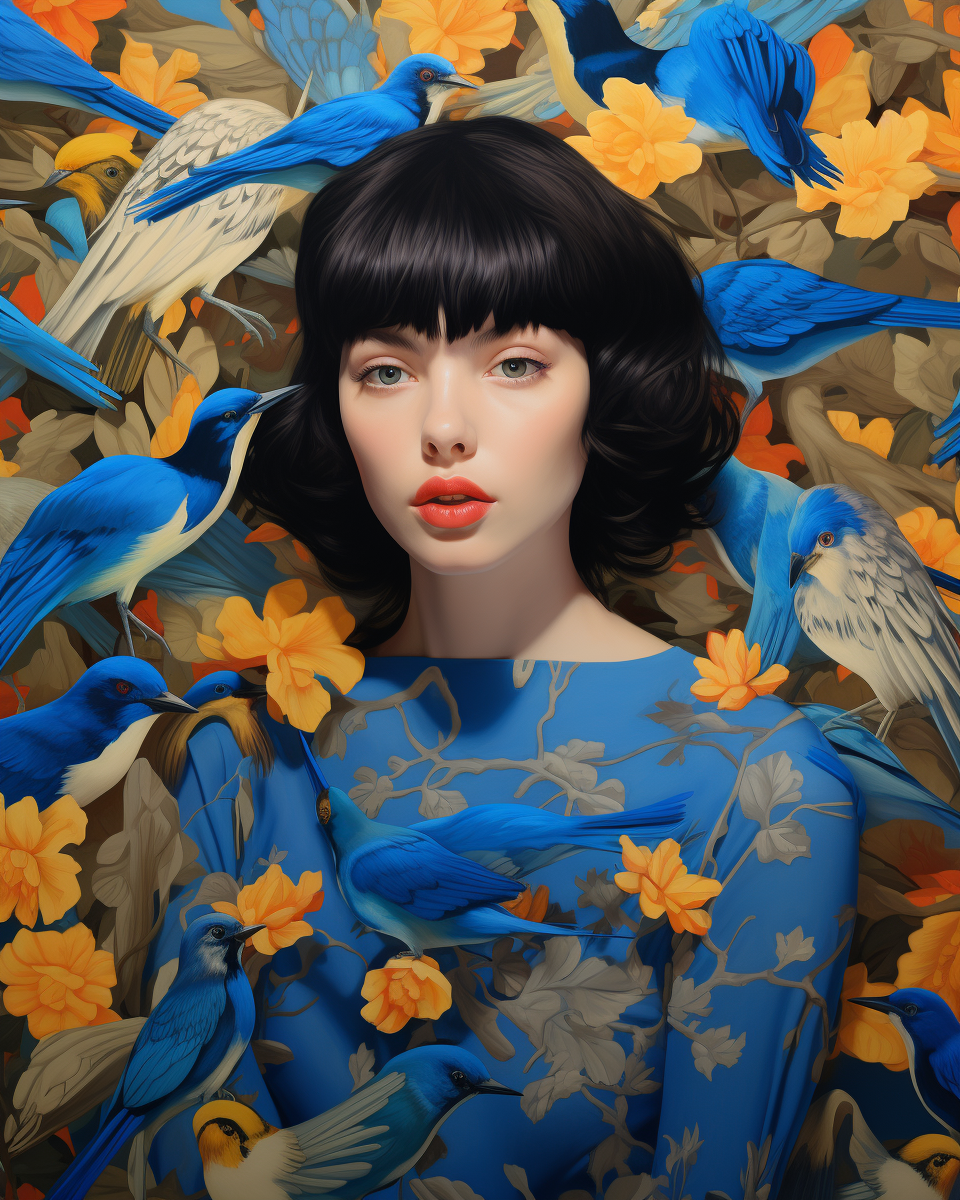 Woman with Blue Birds in Dreamlike Composition