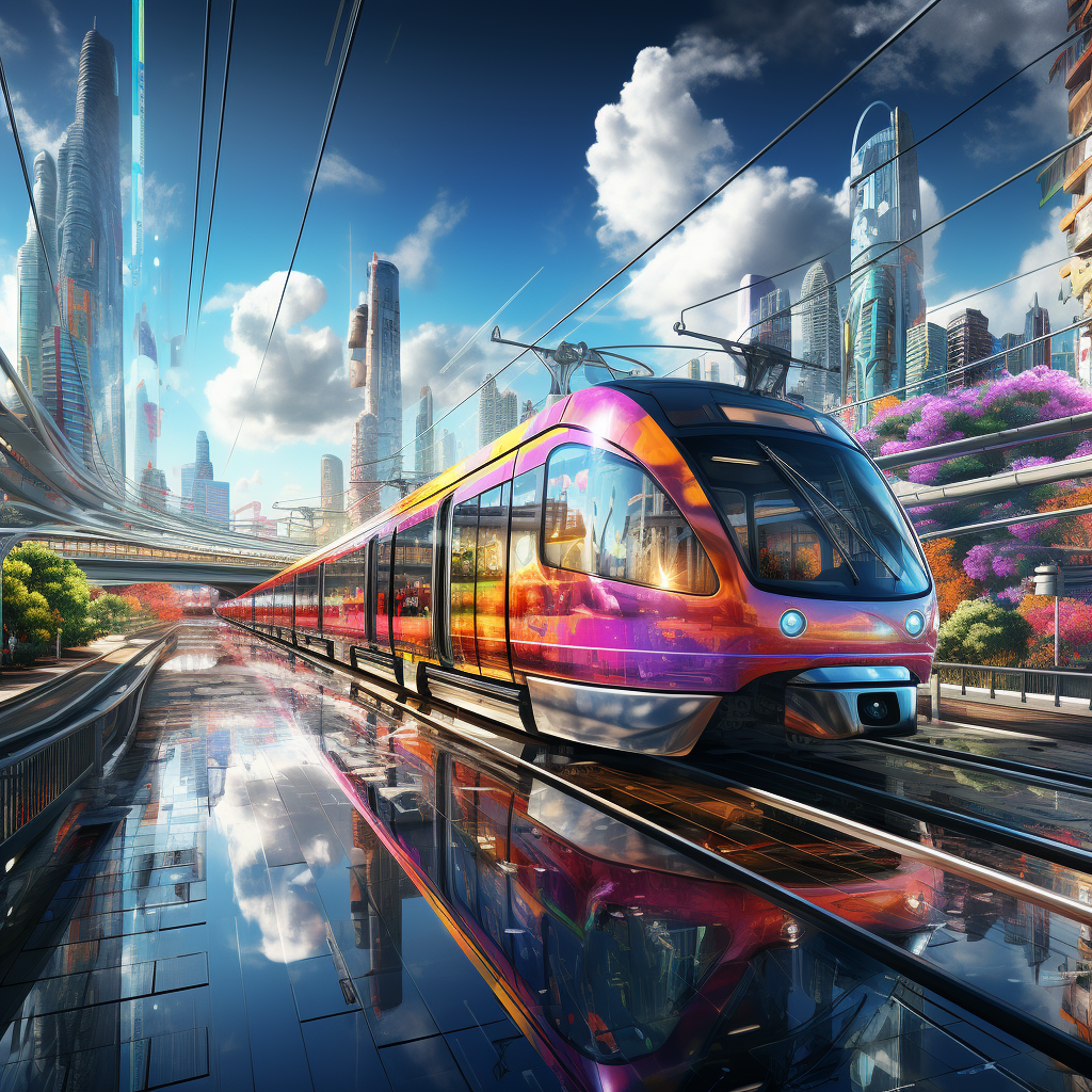 Colorful melting train speeding through futuristic city