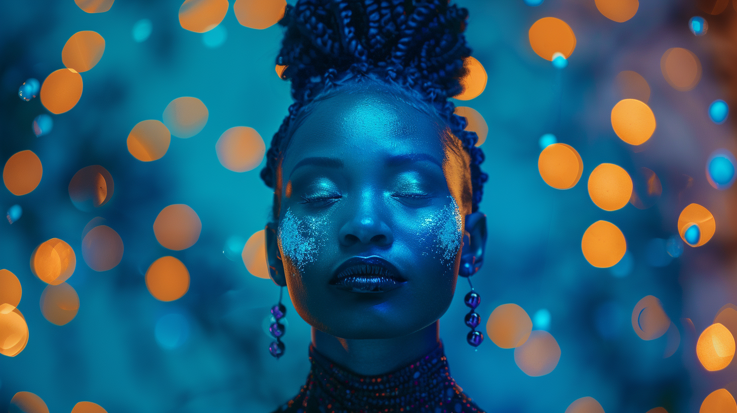 Beautiful Black Woman in Fantasy Blue Lights