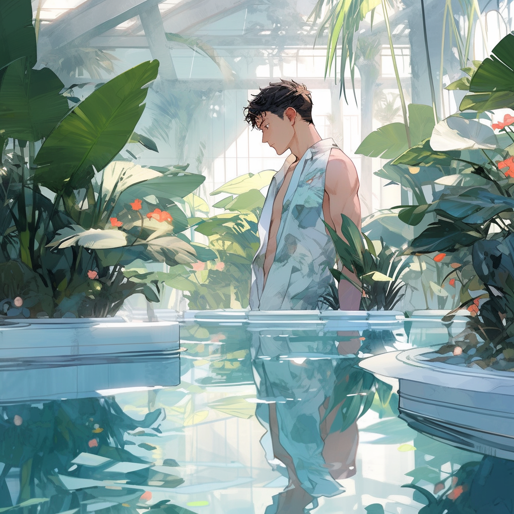 Dreamy man in milky pool mirroring plants