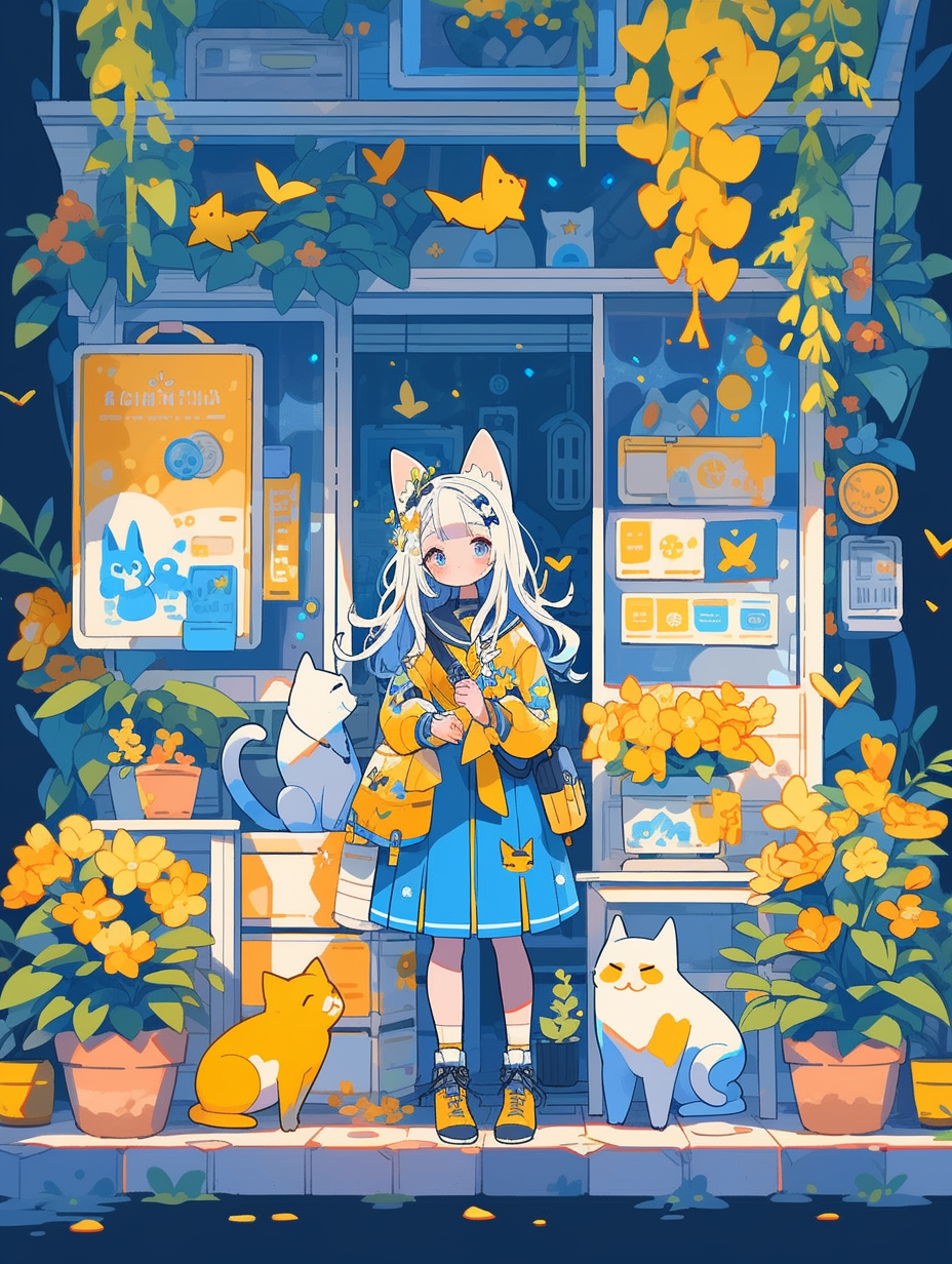 Small girl near roadside booth with cats