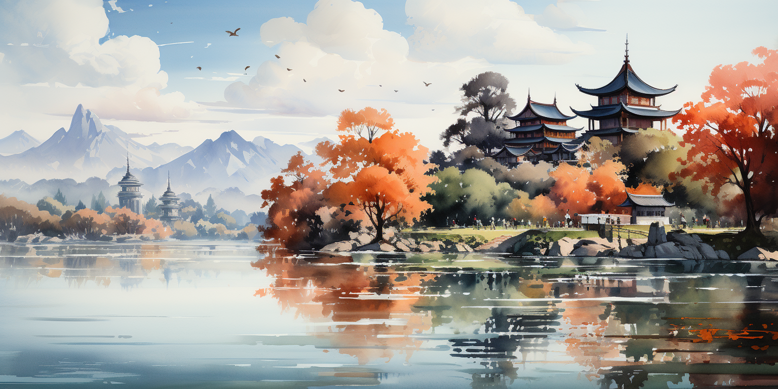 Chinese Watercolor Landscape in Dreamy Romantic Style