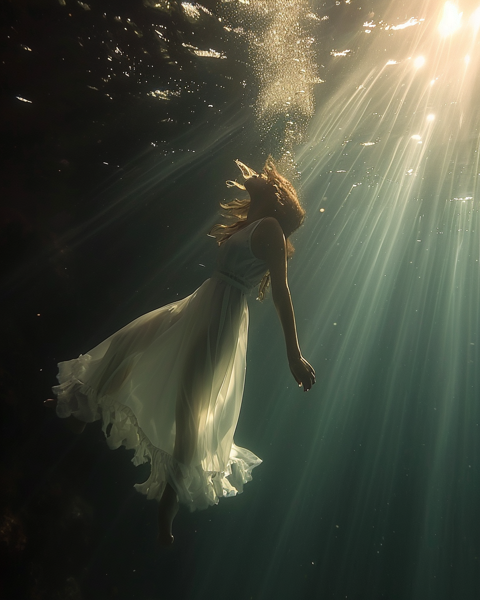 Dreamy Woman Floating Underwater Sunlight