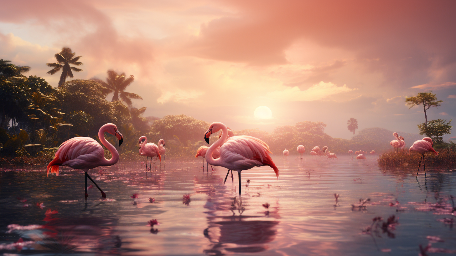 Flamingos floating in pink clouds