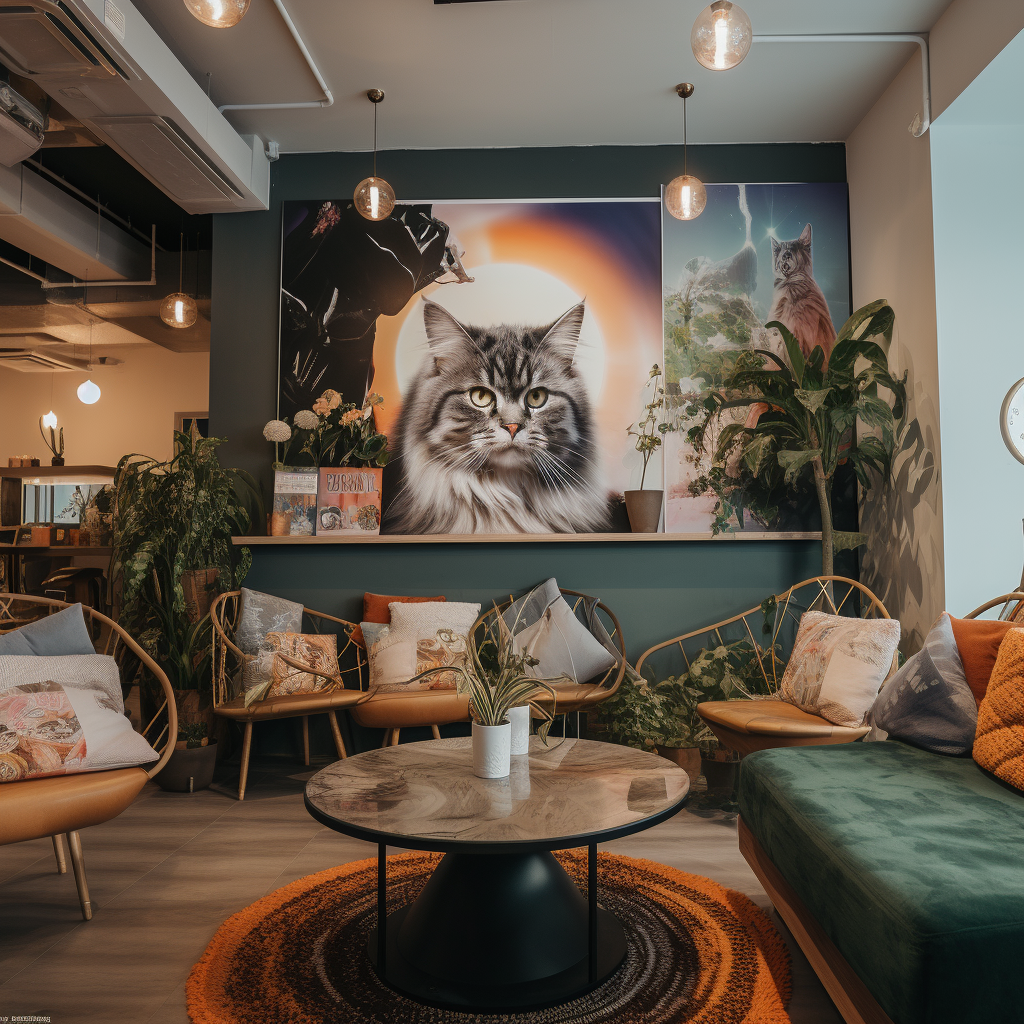 Sophisticated casual cat cafe with relaxed vibe