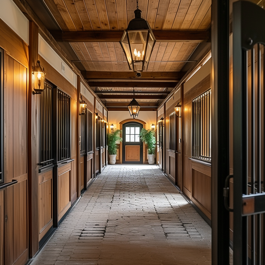 Luxurious dressage farm interior with majestic stalls