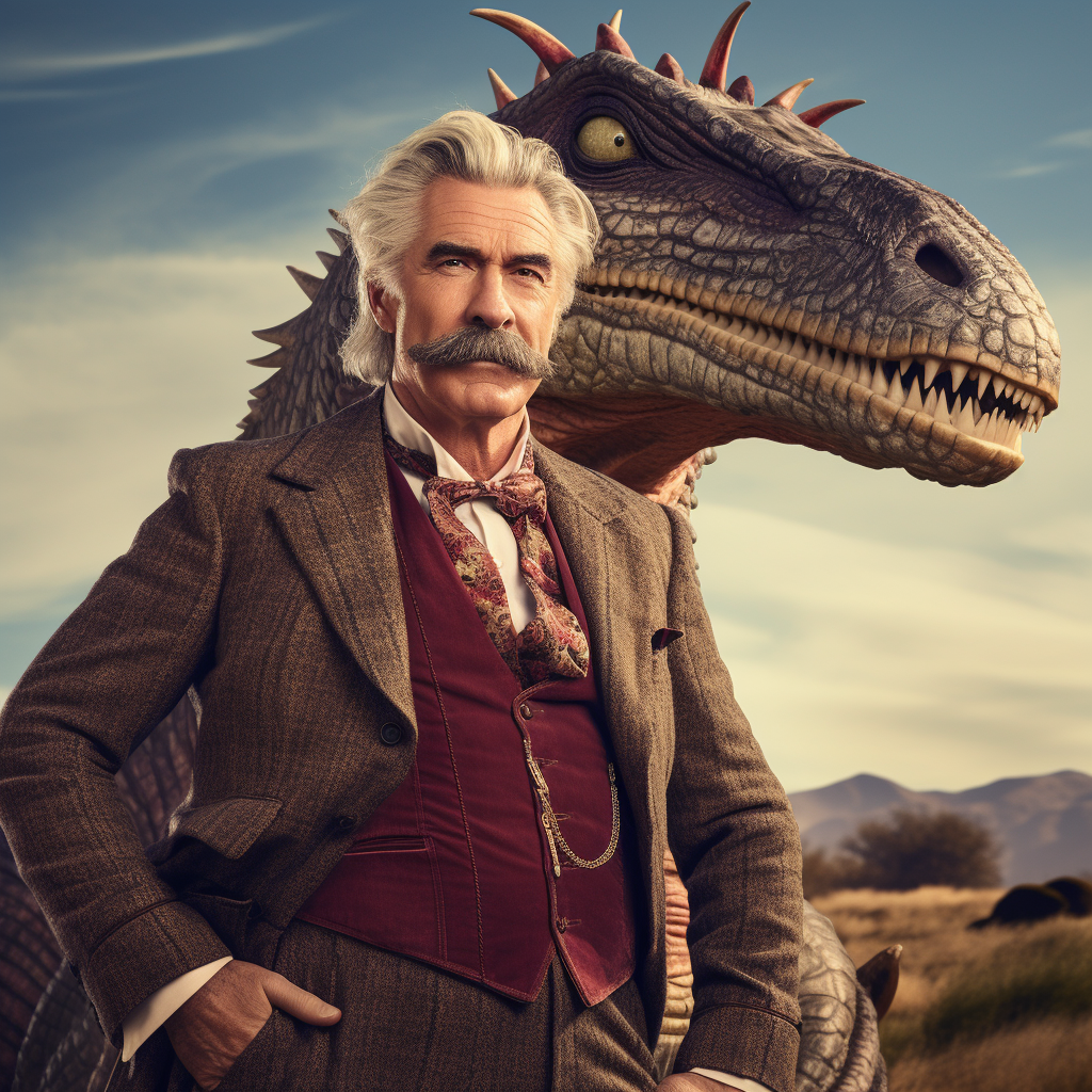 Elegantly dressed dinosaur with a mustache