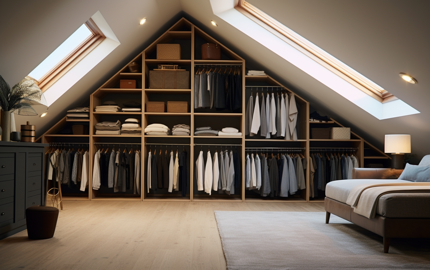 Attic turned walk-in closet with low hanging rods and drawers