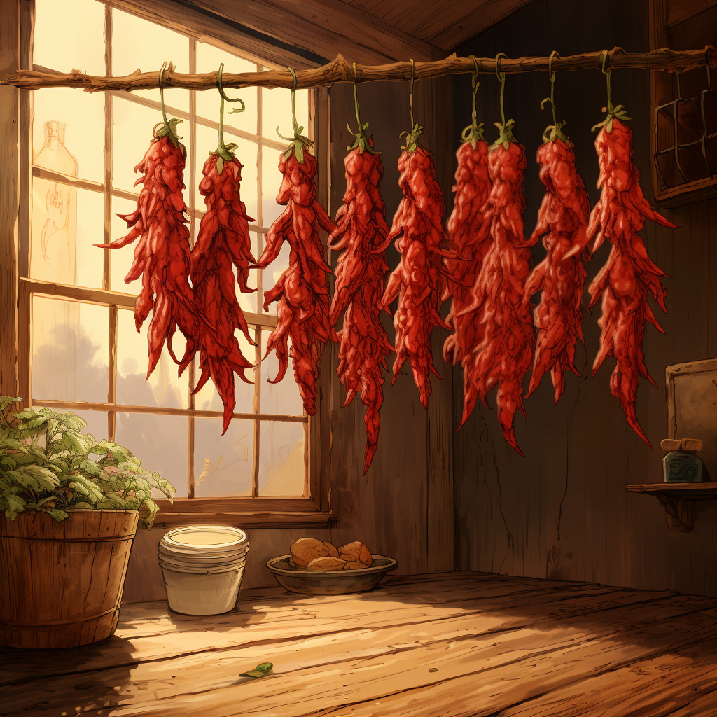 String of dried red chilies and garlic on wooden wall