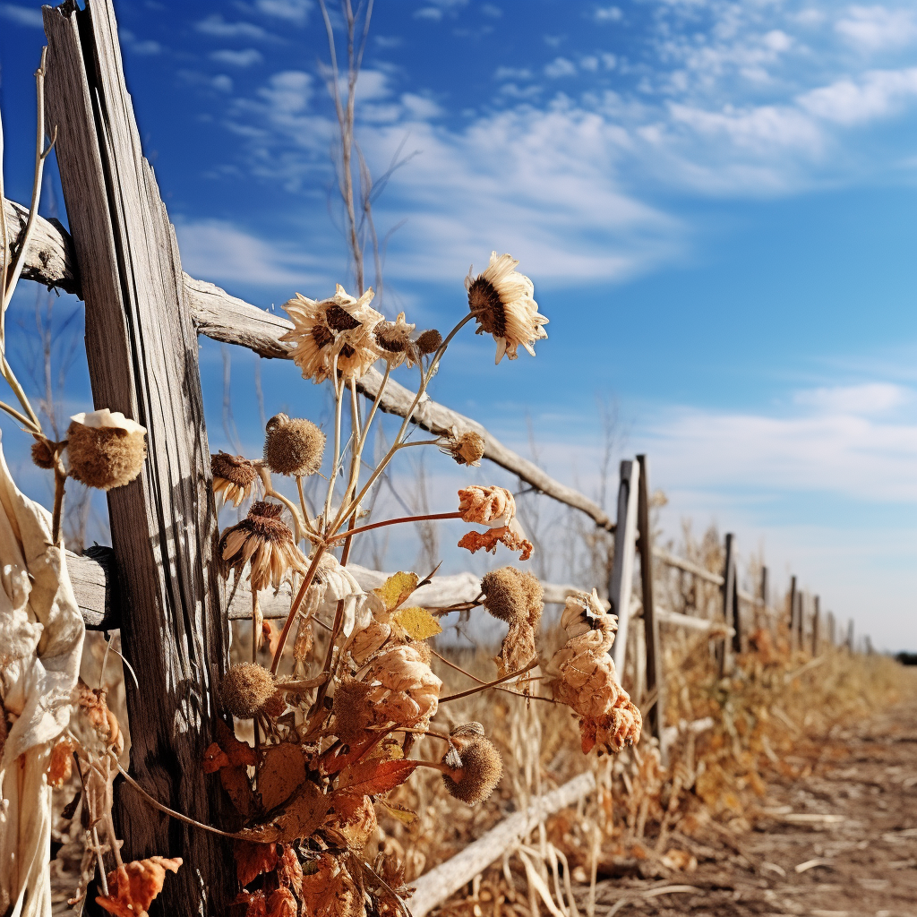 Withered flowers on dry soil with fence in background