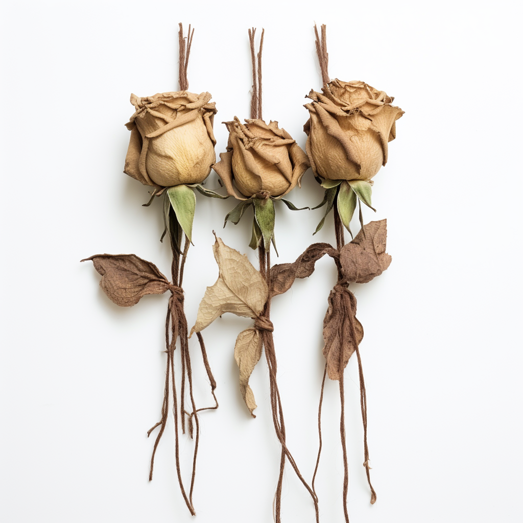 Three dried roses tied with twine