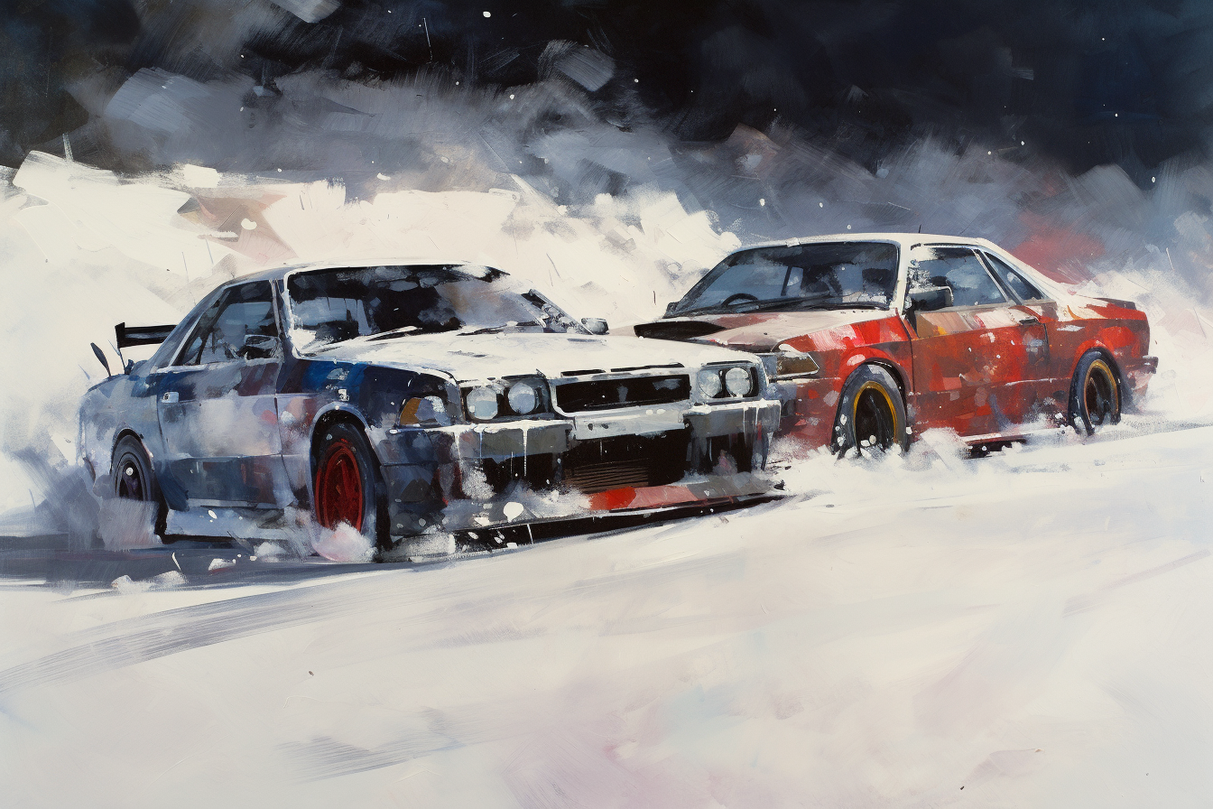 Drift cars maneuvering through snowy terrain