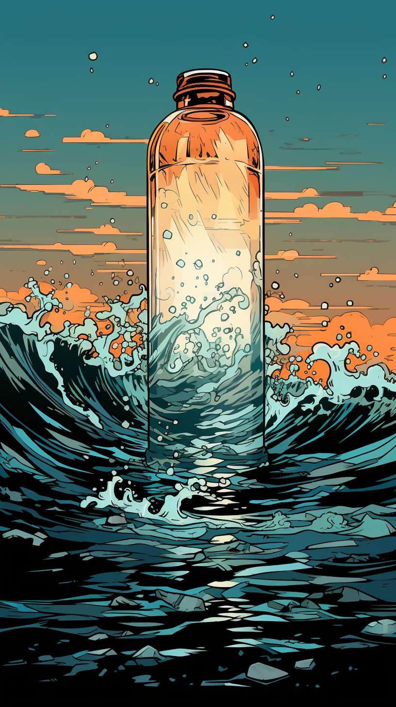 Animated bottle drifting in the sea