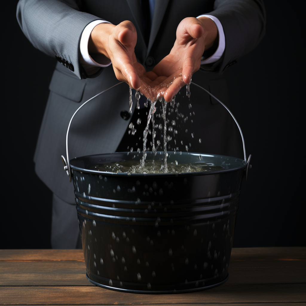 Hand holding a dripping water bucket