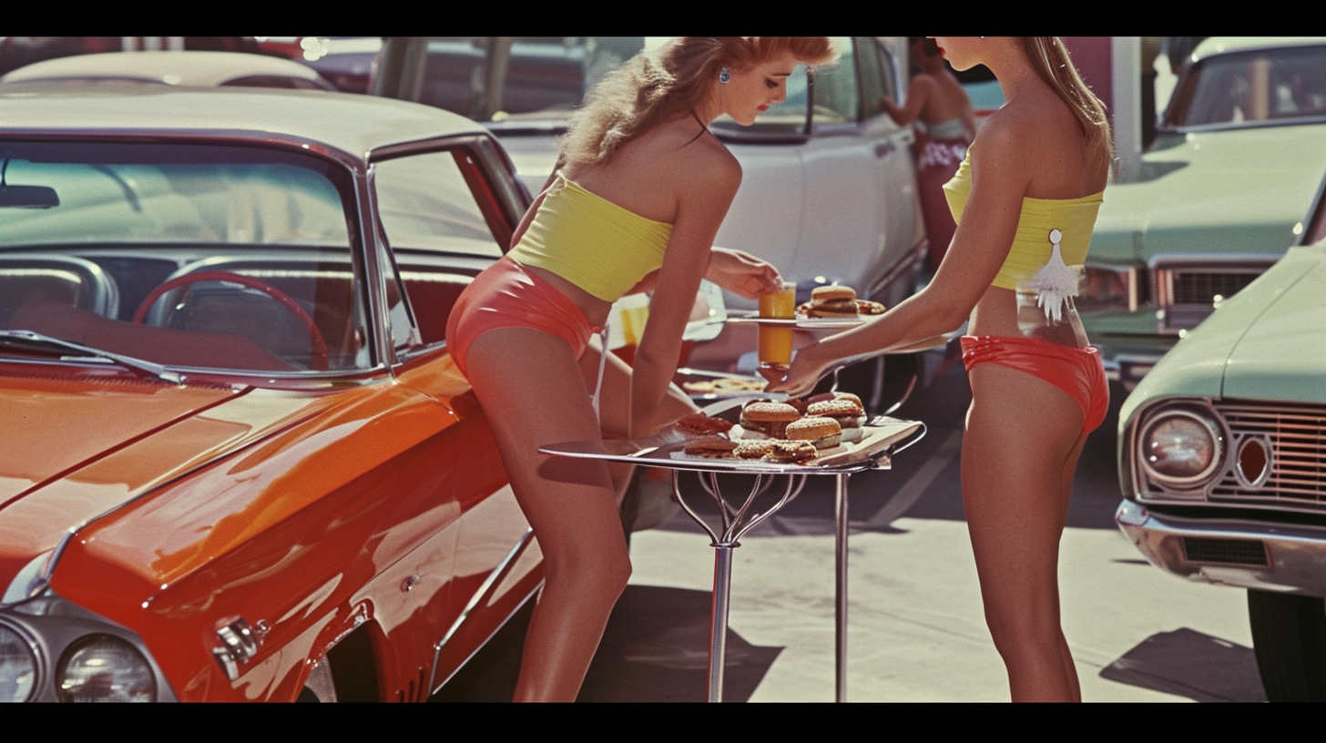 Car hop waitresses serving food at a 1960s drive-in restaurant