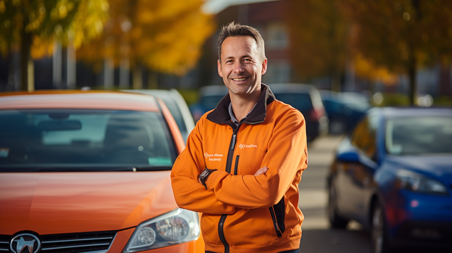 smiling driving instructor with car