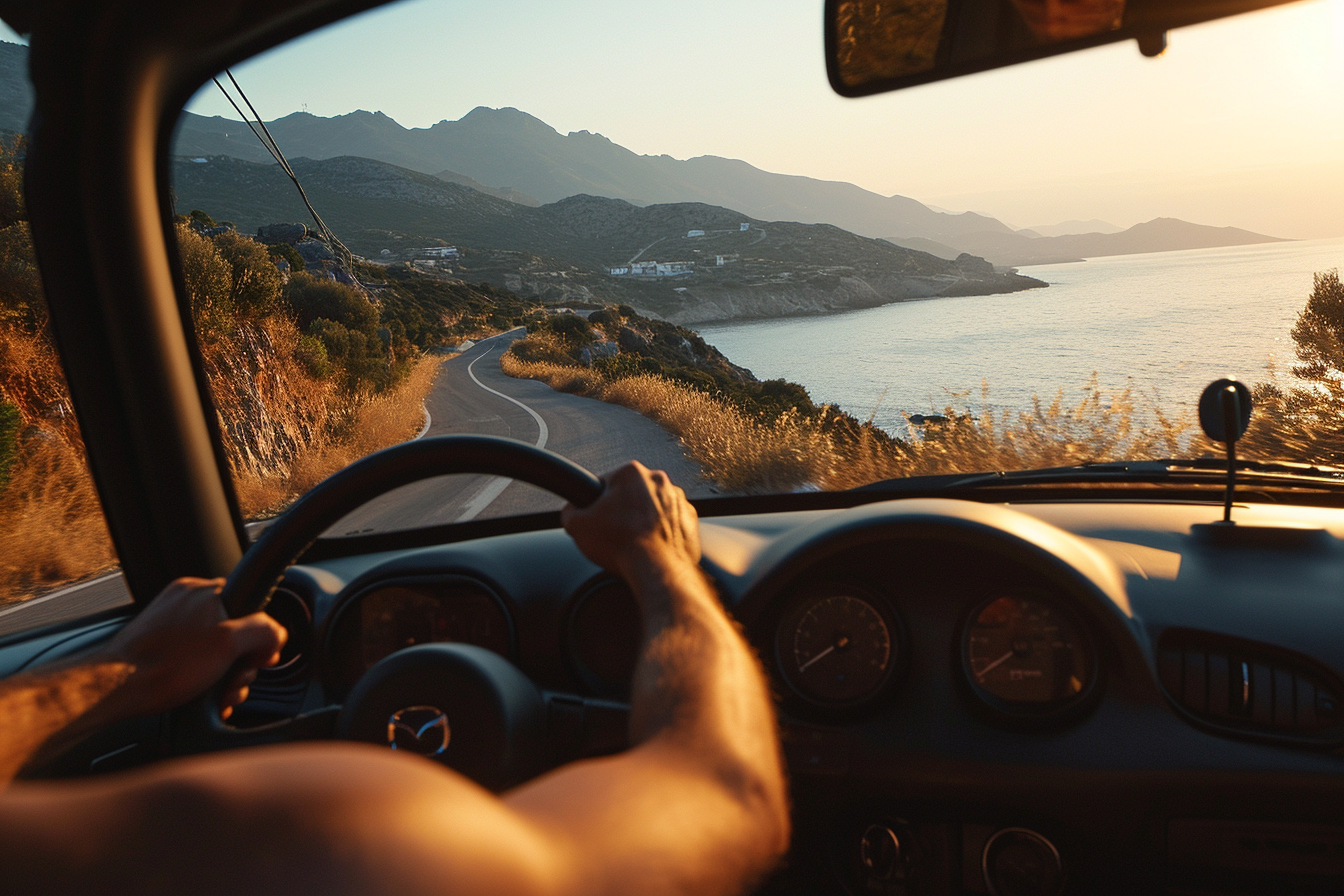 Man driving Mazda Miata on coastal road in Corsica