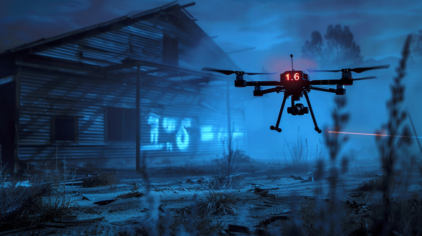 Drone scanning government facility at night