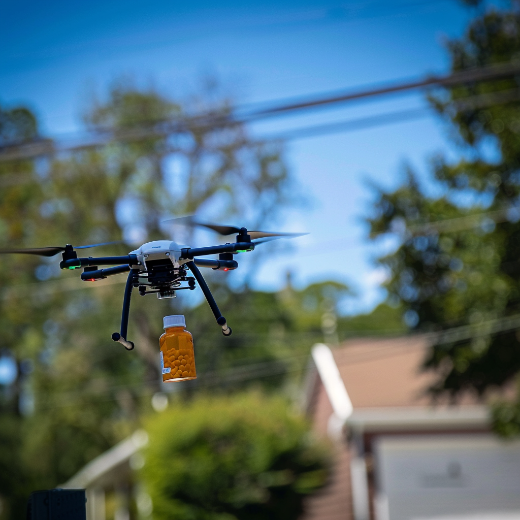 Drone delivering medicine pills tote