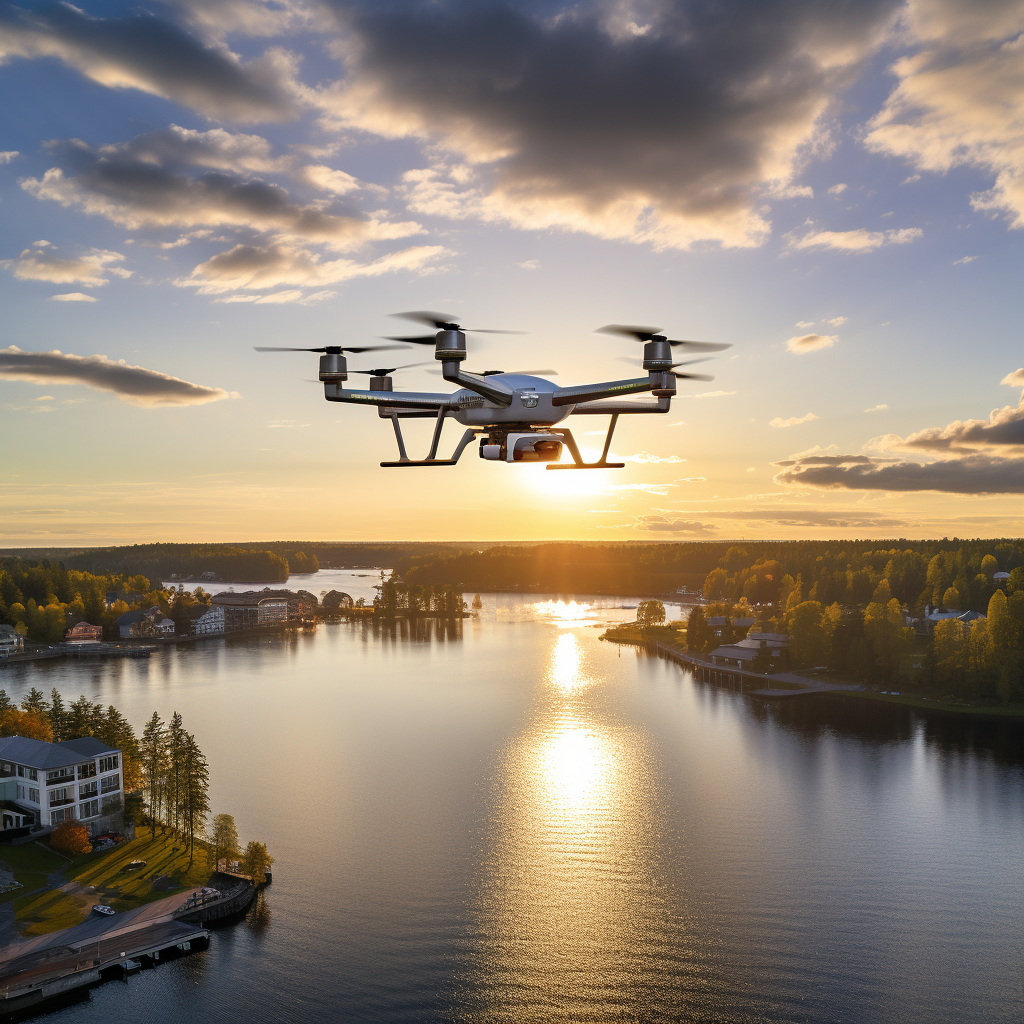 Aerial View of Drone Flying over Lake and City