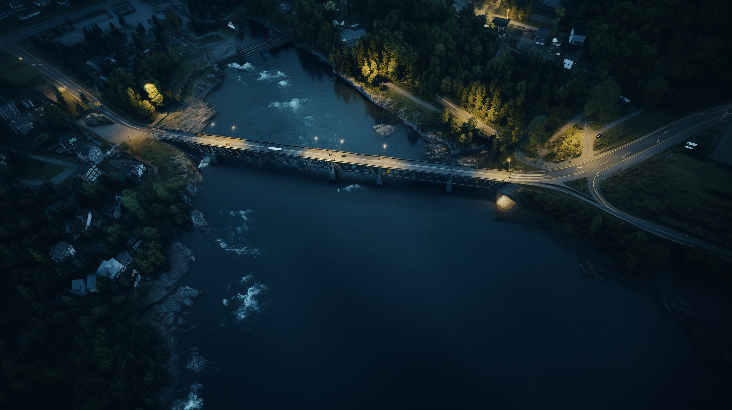 Aerial view of river and bridge during day and night