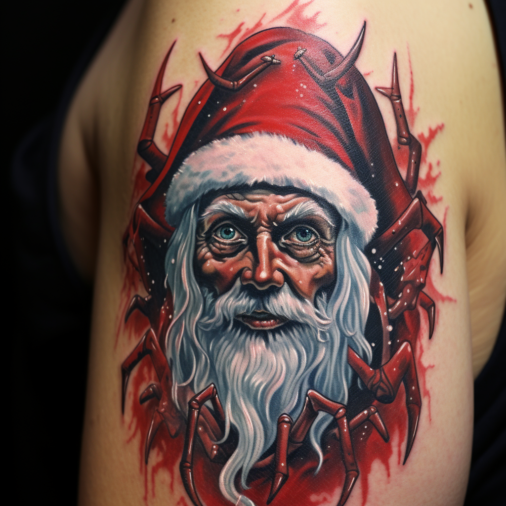 Santa with spider tattoos enjoying a midjourney