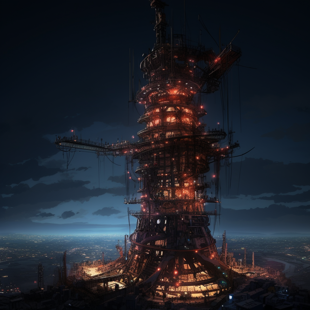 Anime drop tower in dark wired setting