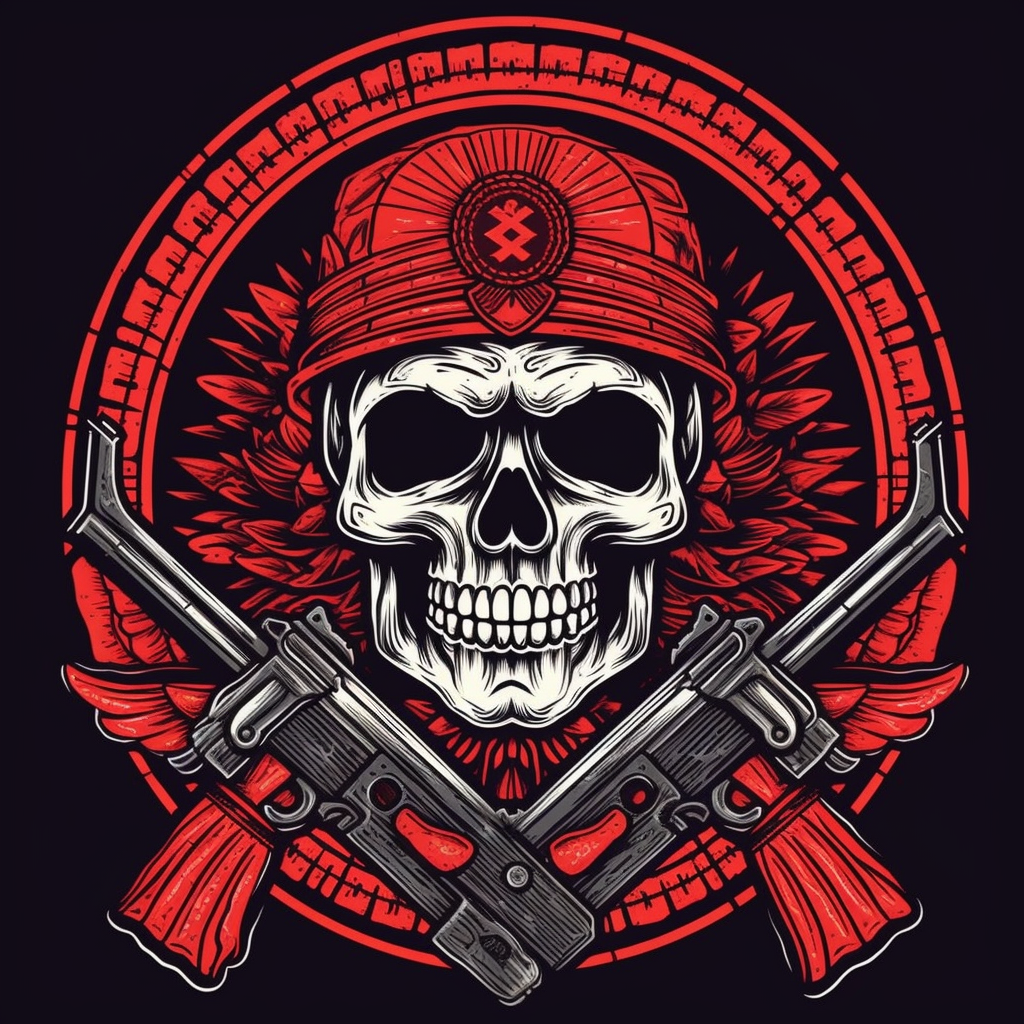 Intimidating drug cartel logo with skull, hawk, and AK-47s