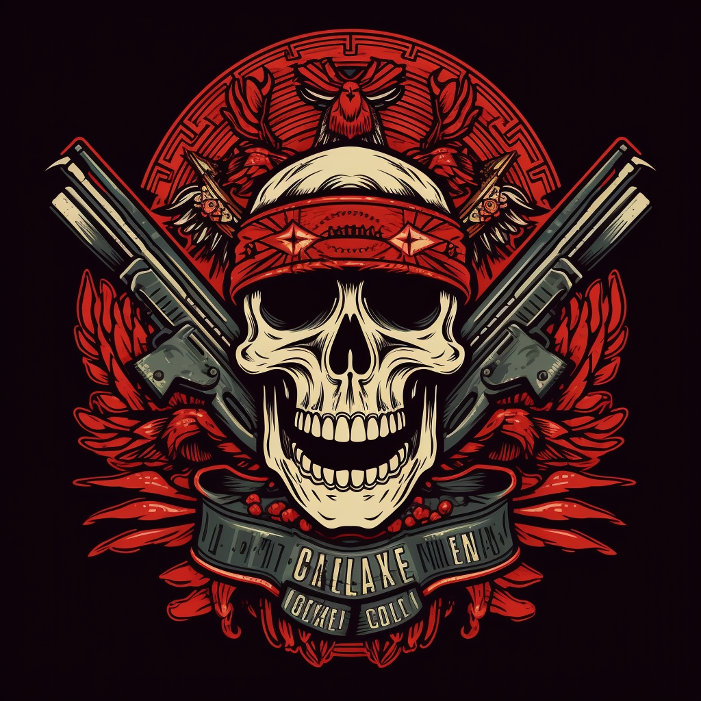 Red and black drug cartel logo with skull, hawk, and AK-47s