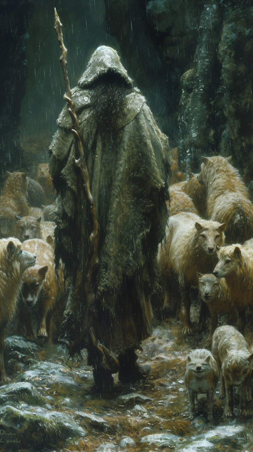 Illustration of Druid Calling Out with Animals Gathering