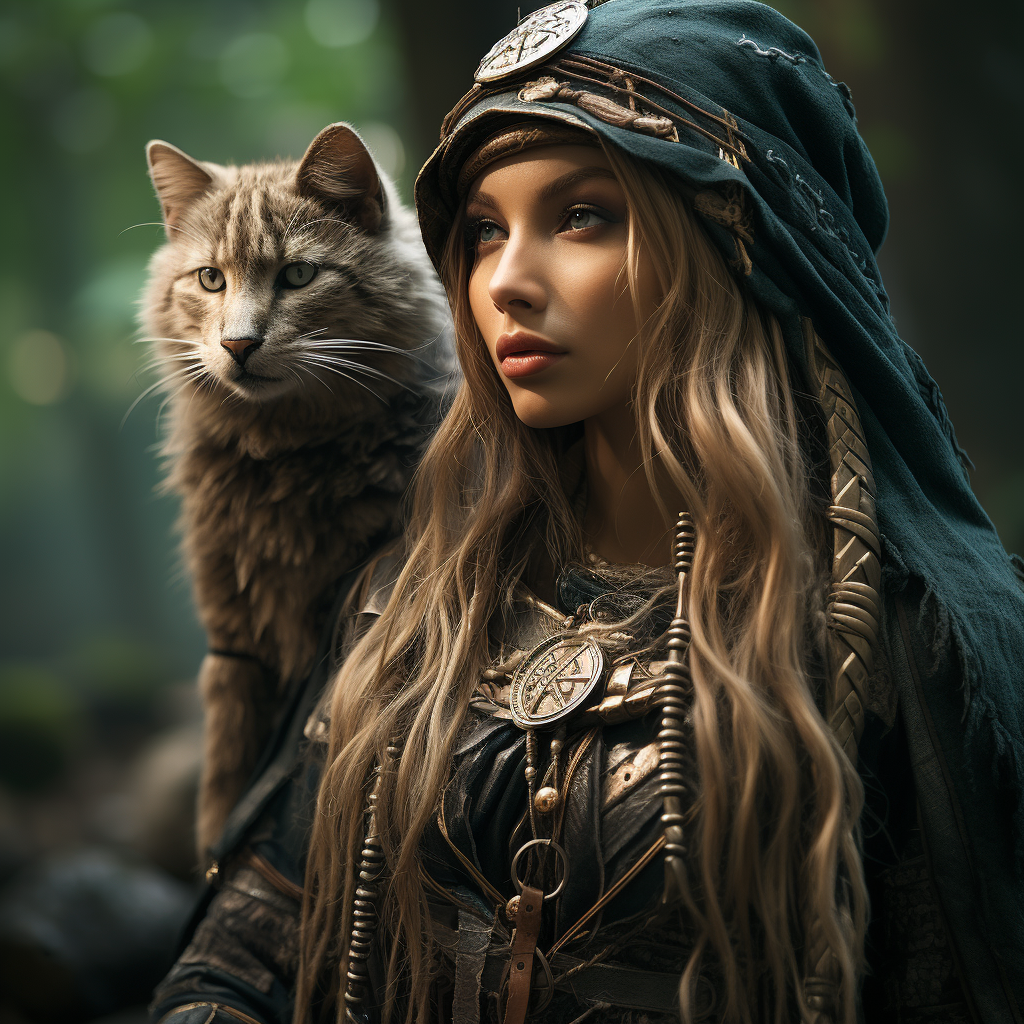 Druid Elf Woman with Cat in Forest