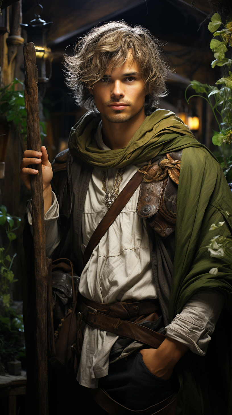 Handsome half-elf druid with green cloak