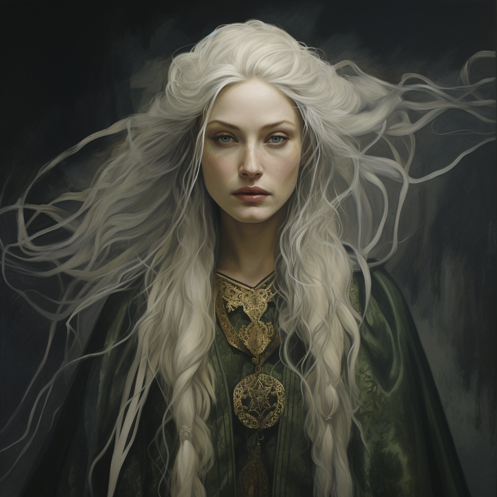 Portrait of Enchanting Druidess with White Tranced Hair