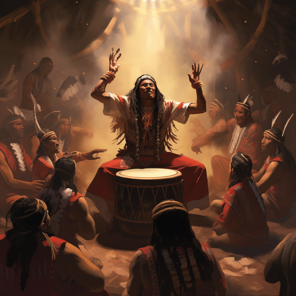 Illustration of Holloway engaged in drumming ritual