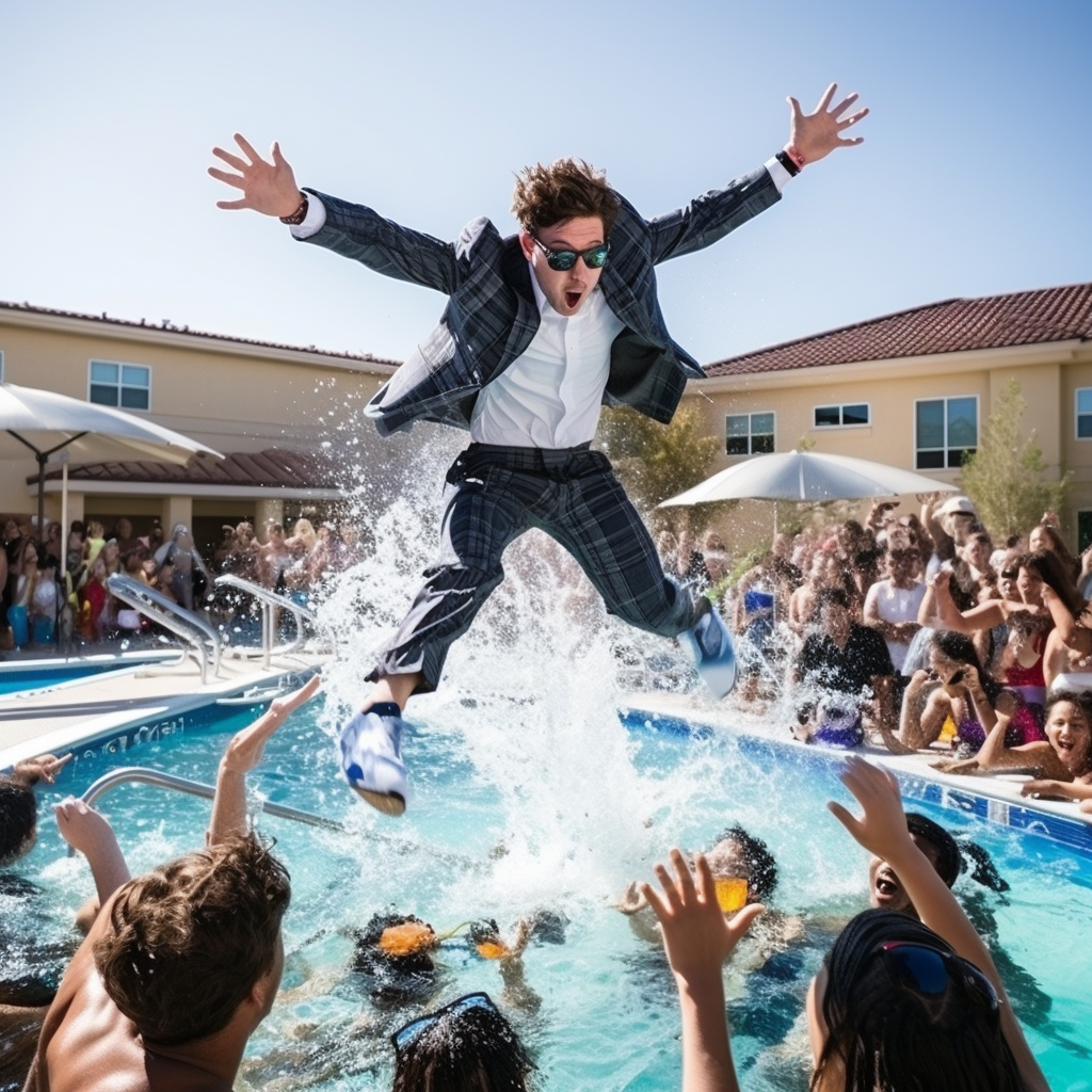 College student jumping into pool