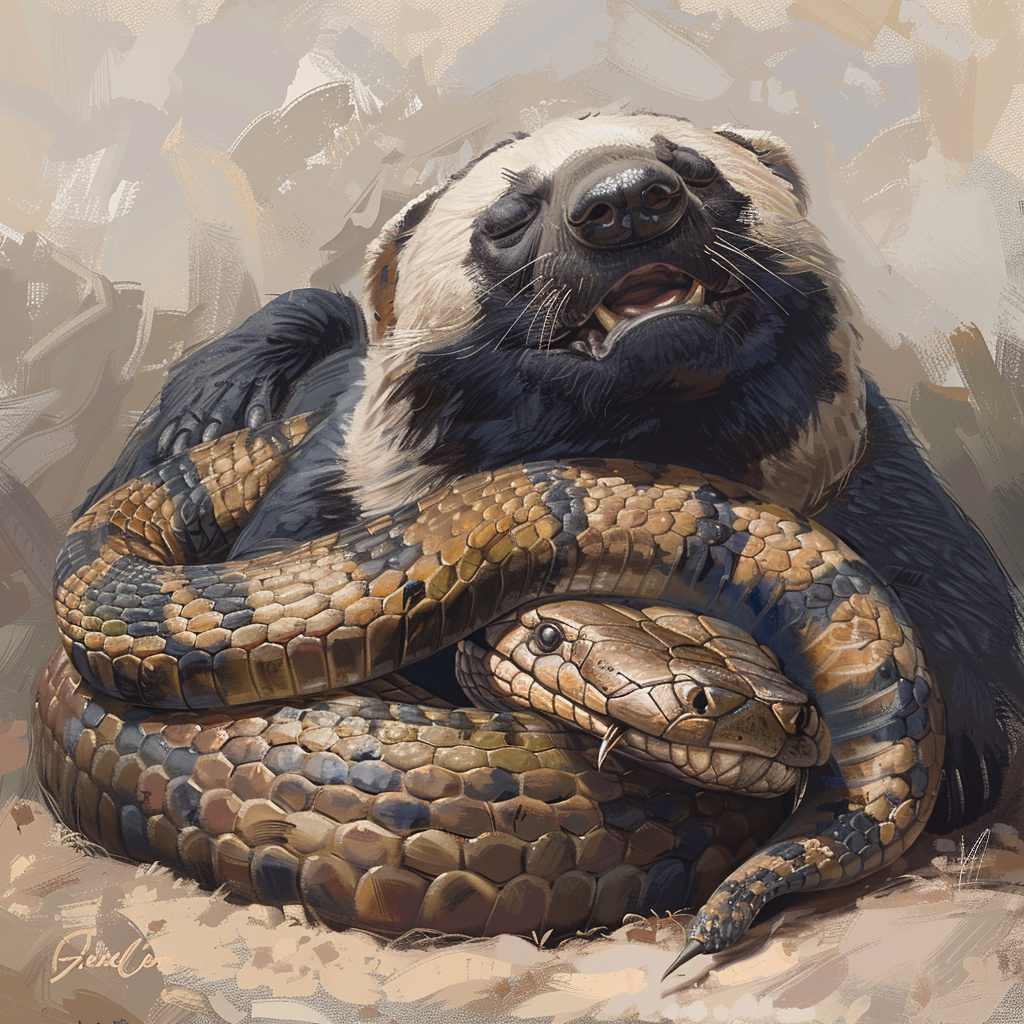 Happy honey badger with king cobra