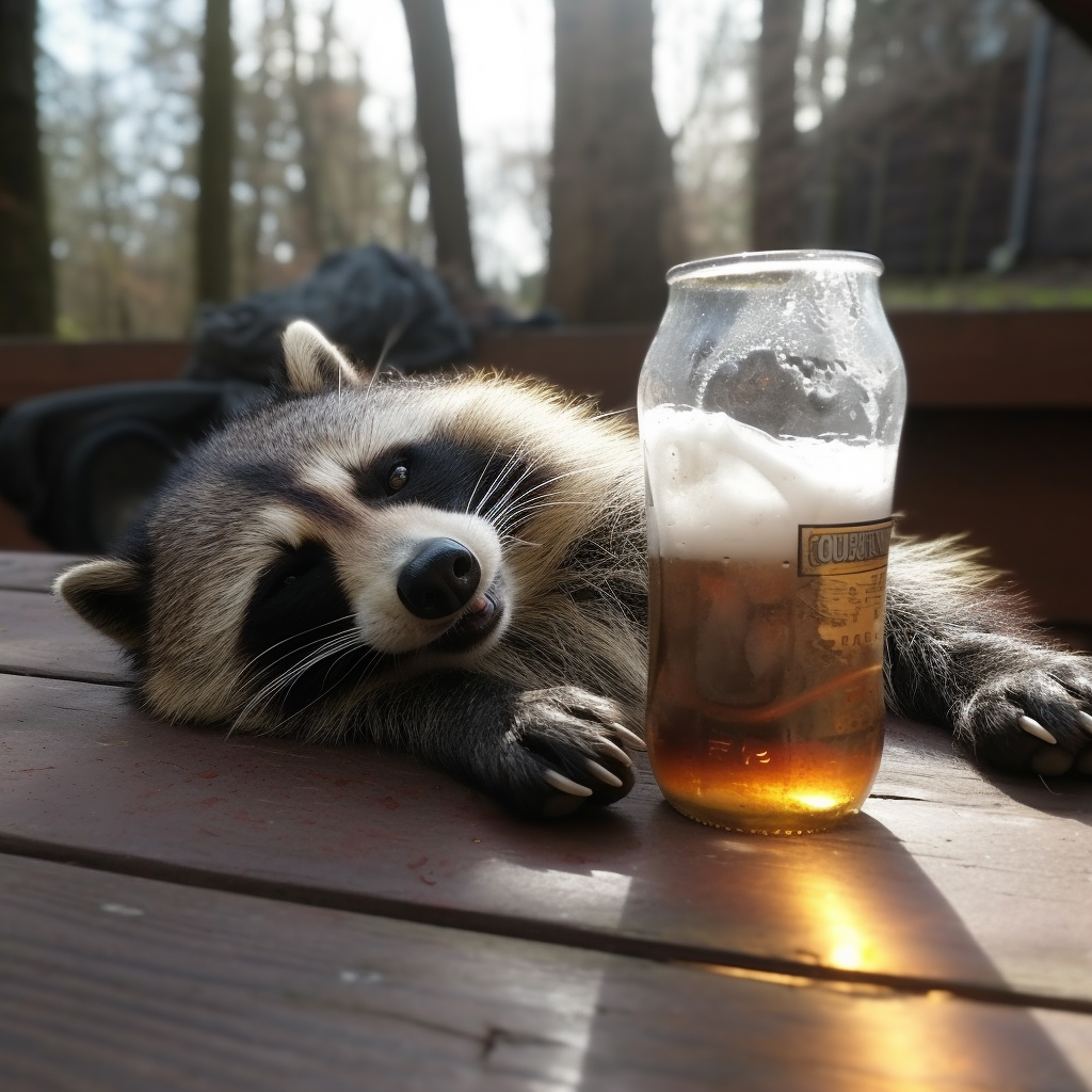 Drunk raccoon enjoying beer