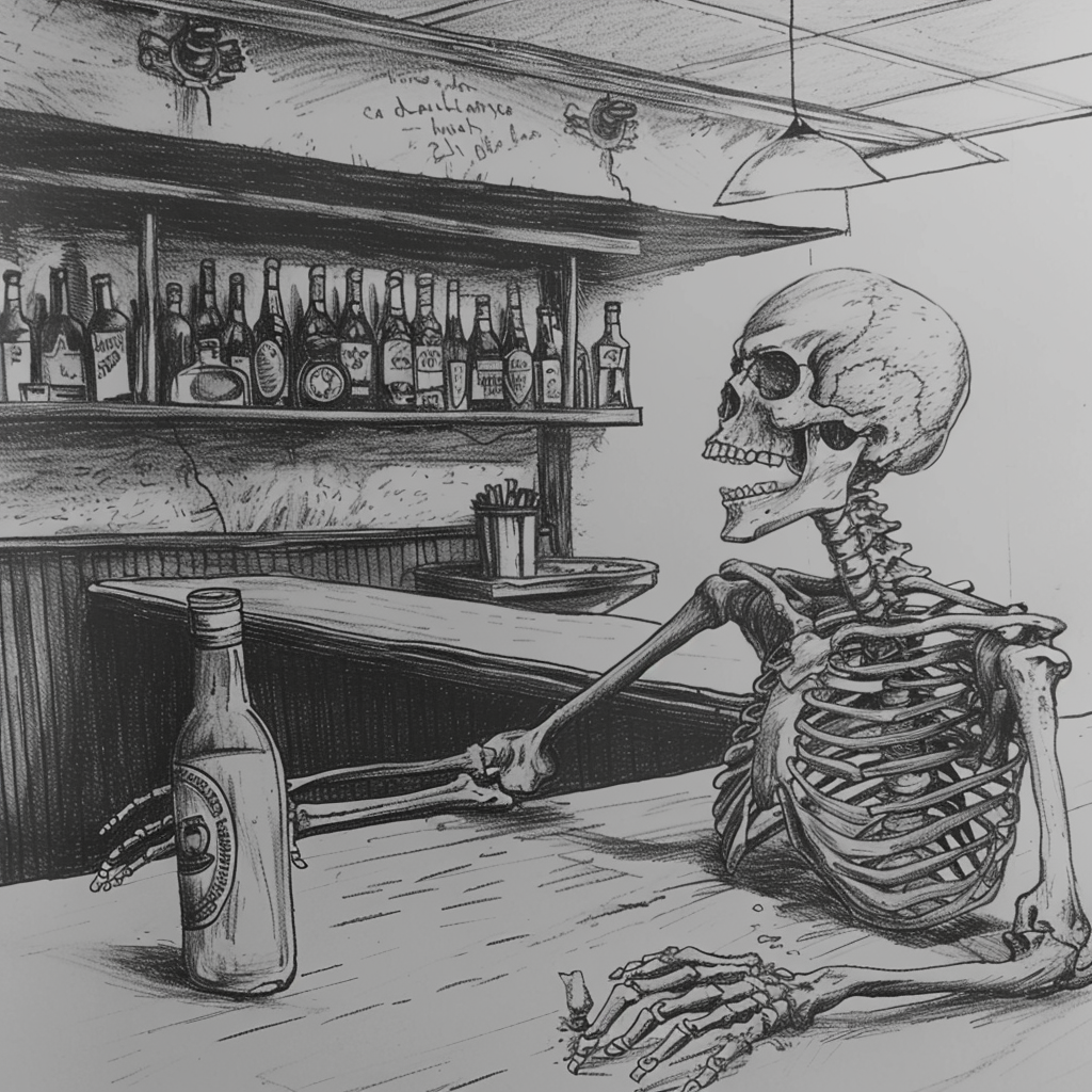 drunk skeleton at bar illustration