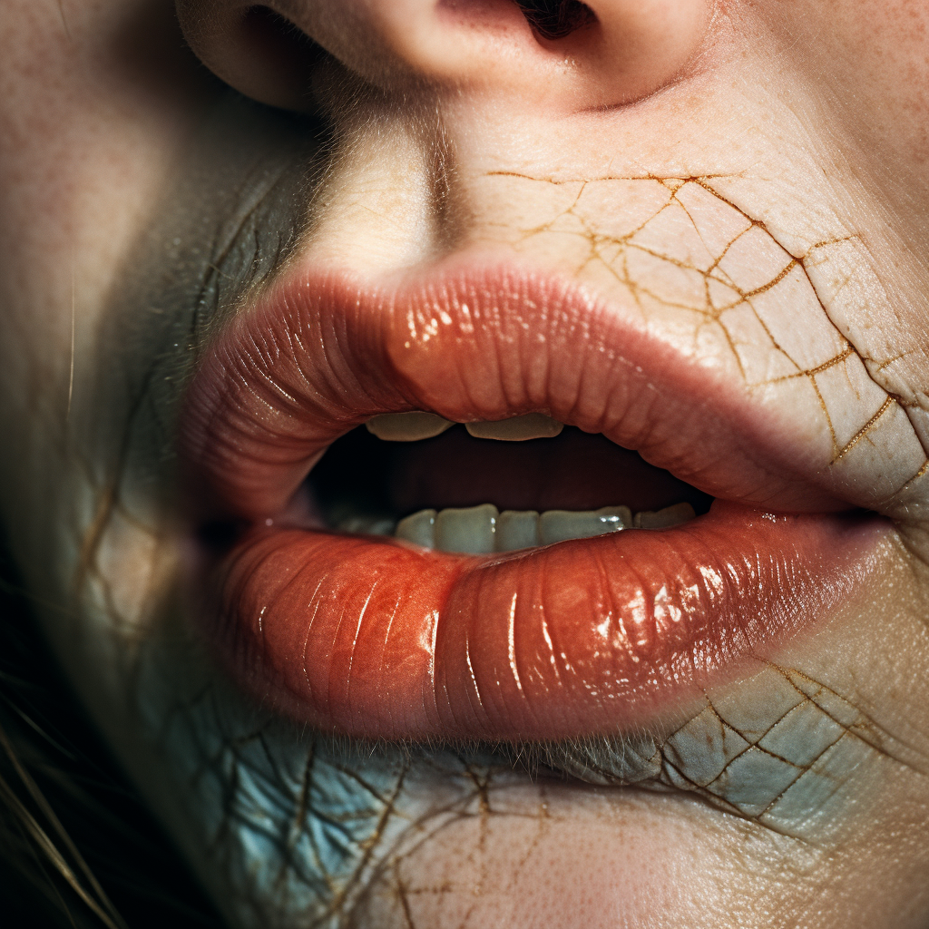 Macro of drunk overweight woman's puckering mouth