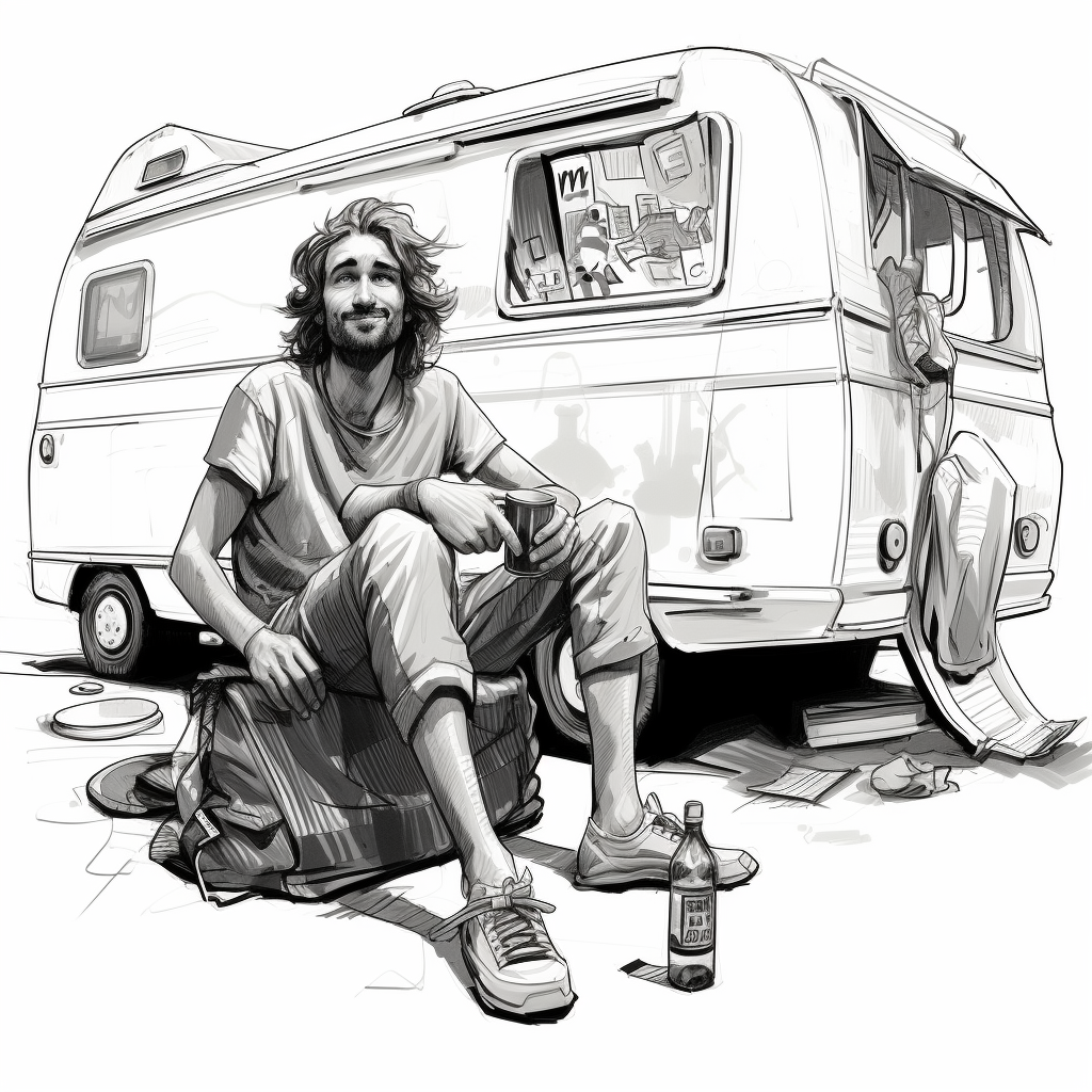 Funny cartoon sketch of a drunk skinny man by a caravan