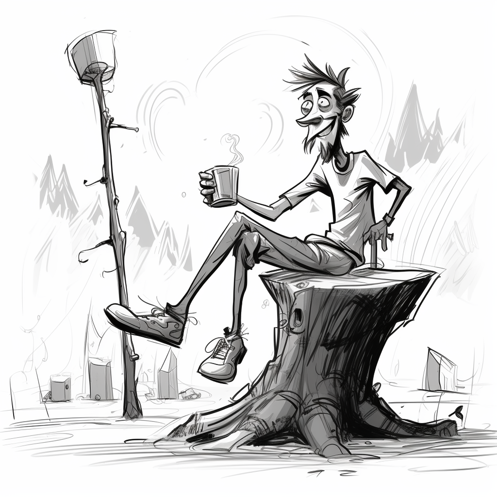 Funny cartoon sketch of a drunk skinny man in the woods campsite