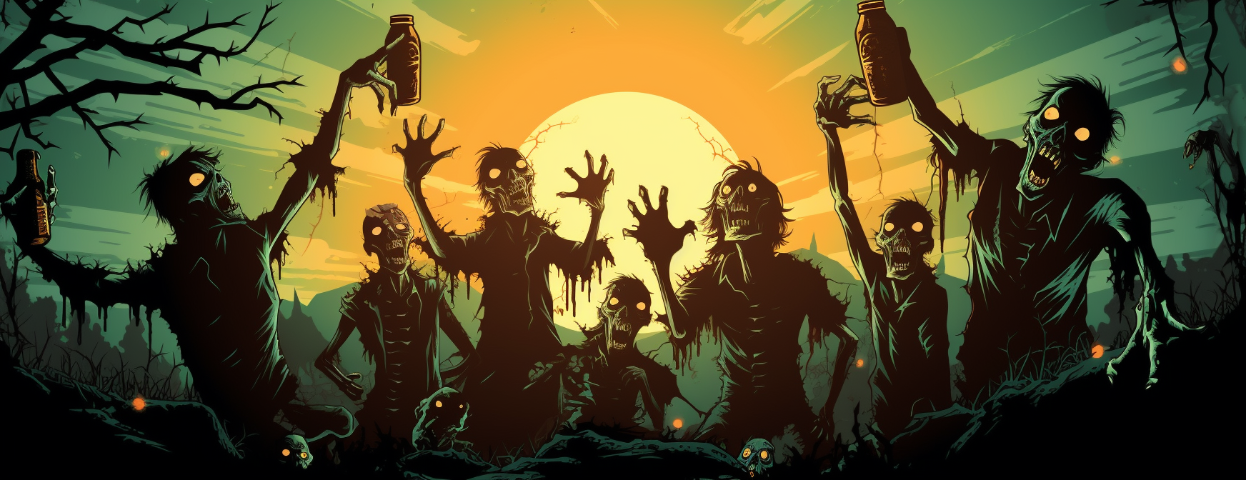 Illustration of drunken zombies at a Halloween party