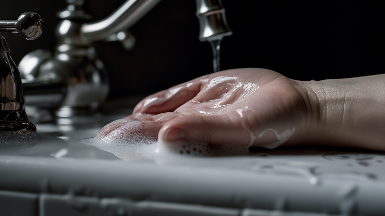 Delicate hand on bathroom sink