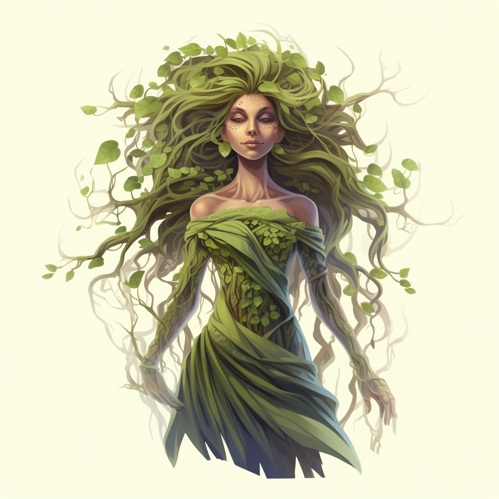 Cartoon-style dryad with willow branches hair