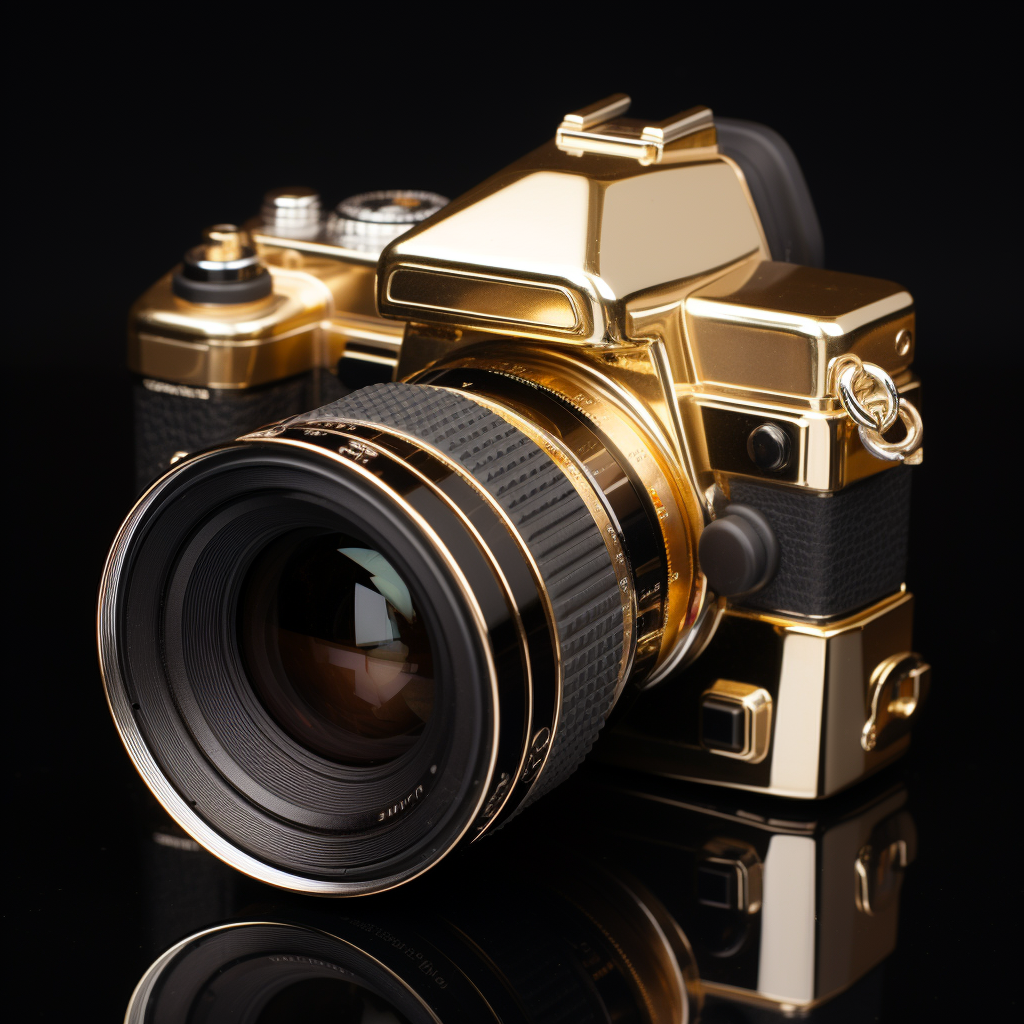 DSLR square camera with gold lens