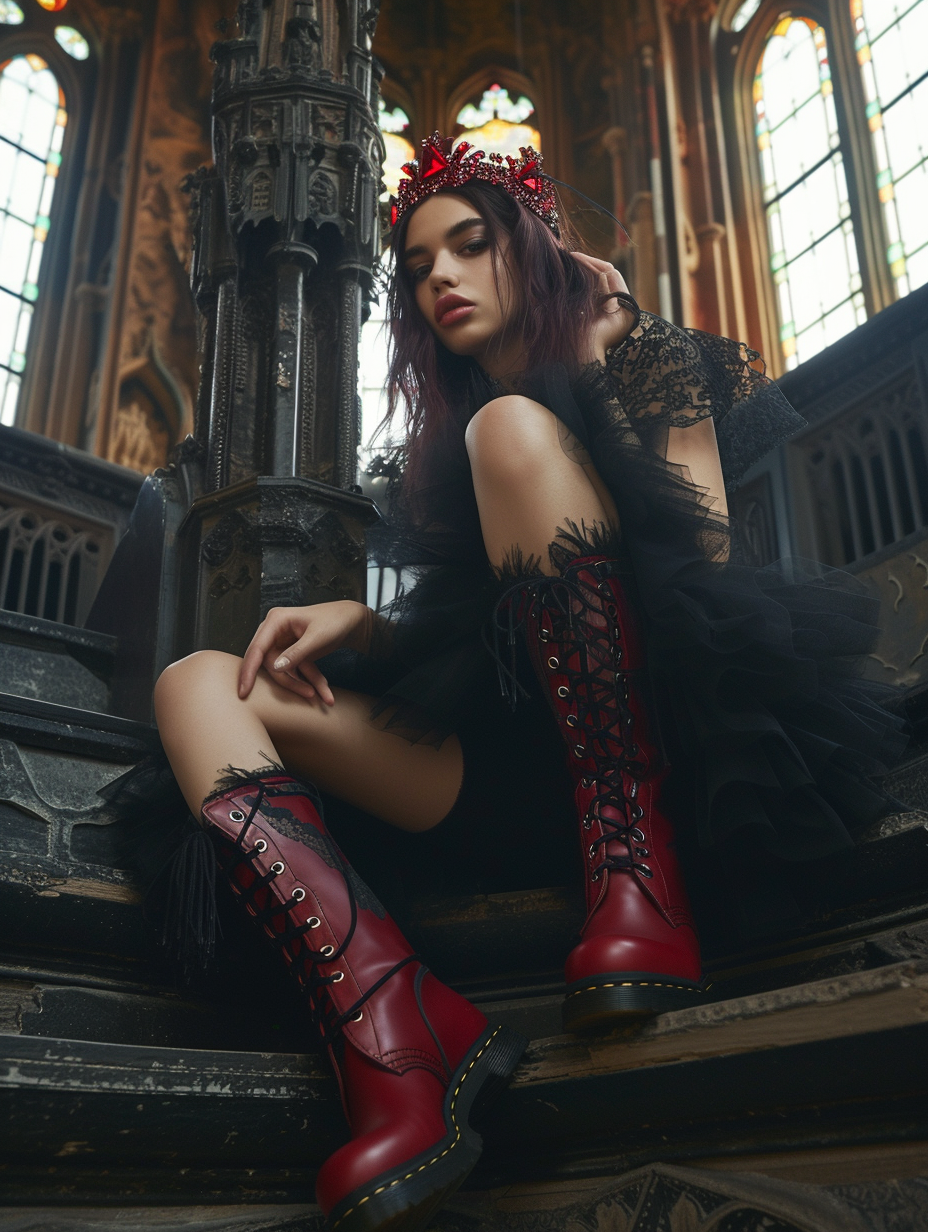 Dua Lipa Gothic Look with Red Dr. Martens Boots