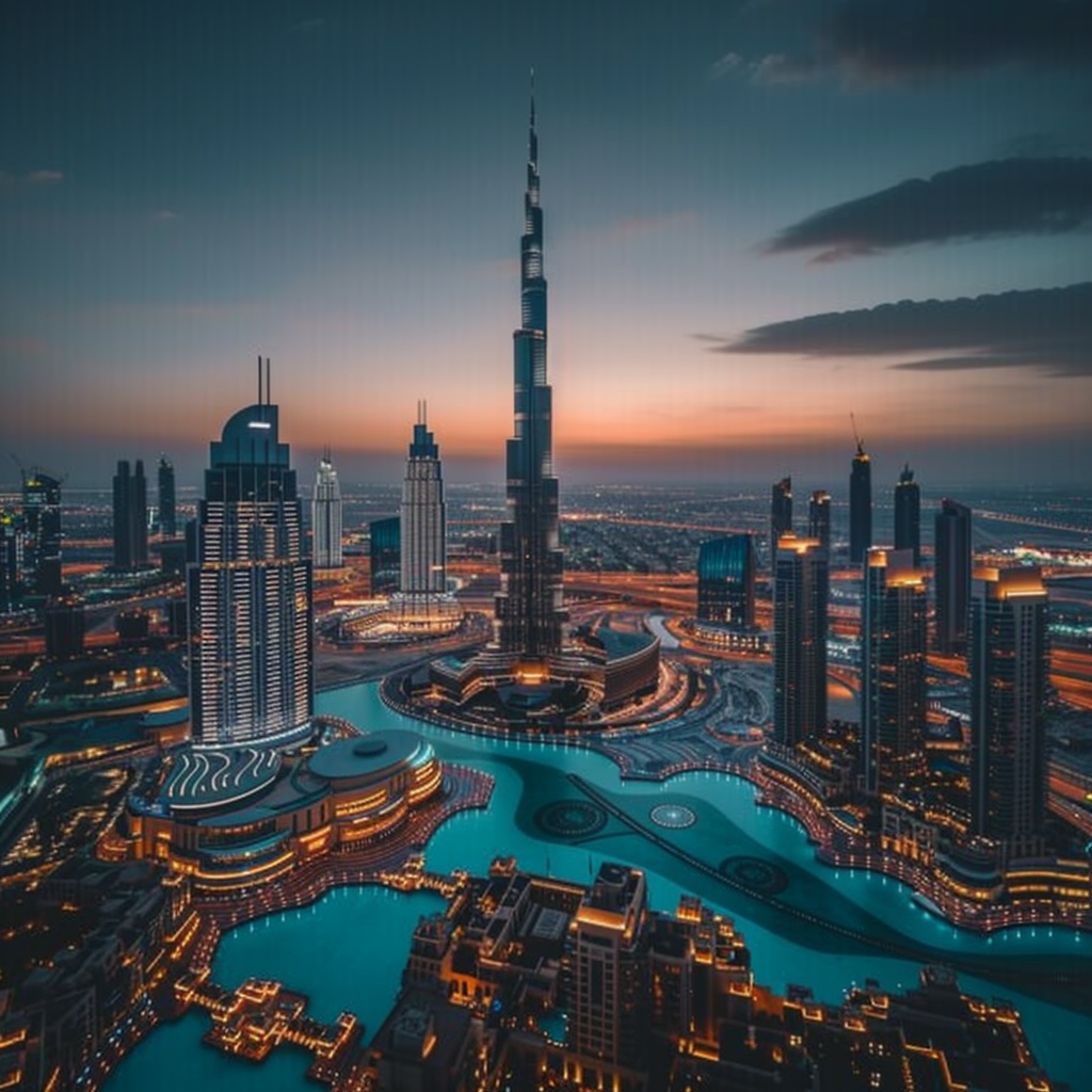 Dubai cityscape aerial view at dusk