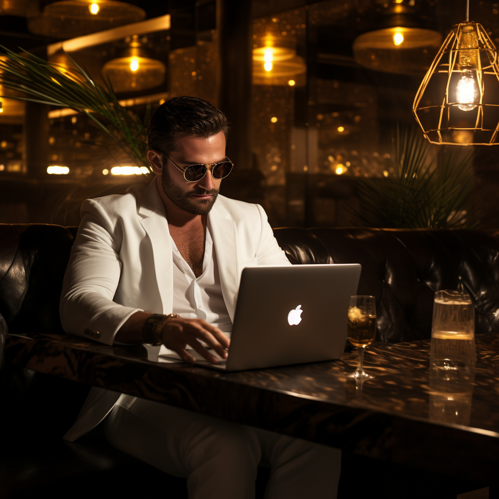 Muscular billionaire working on laptop in Dubai lounge